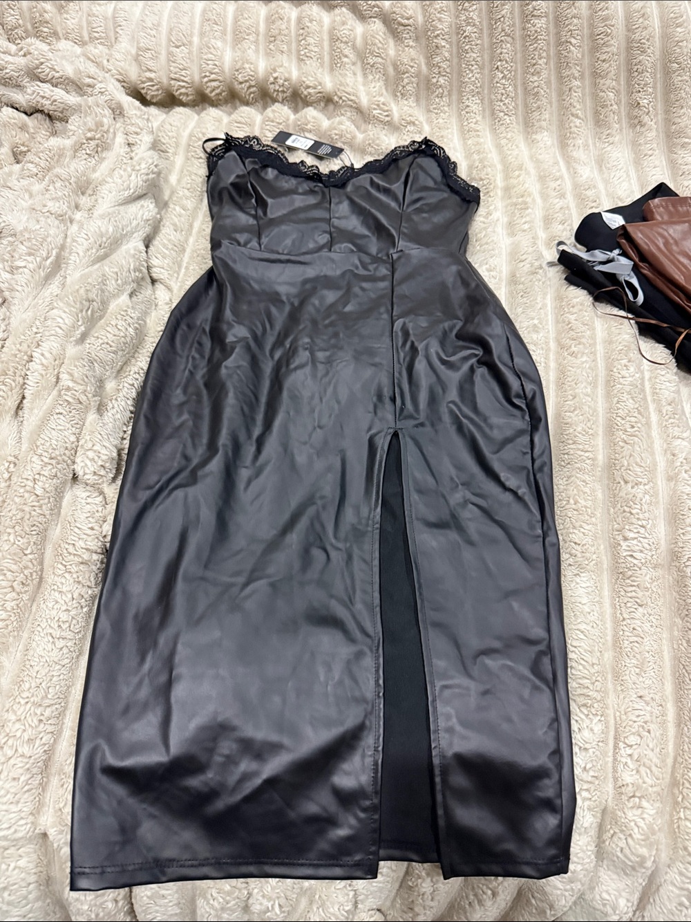 Fashion Nova Black Strapless Faux Leather Midi Dress with Lace Trim